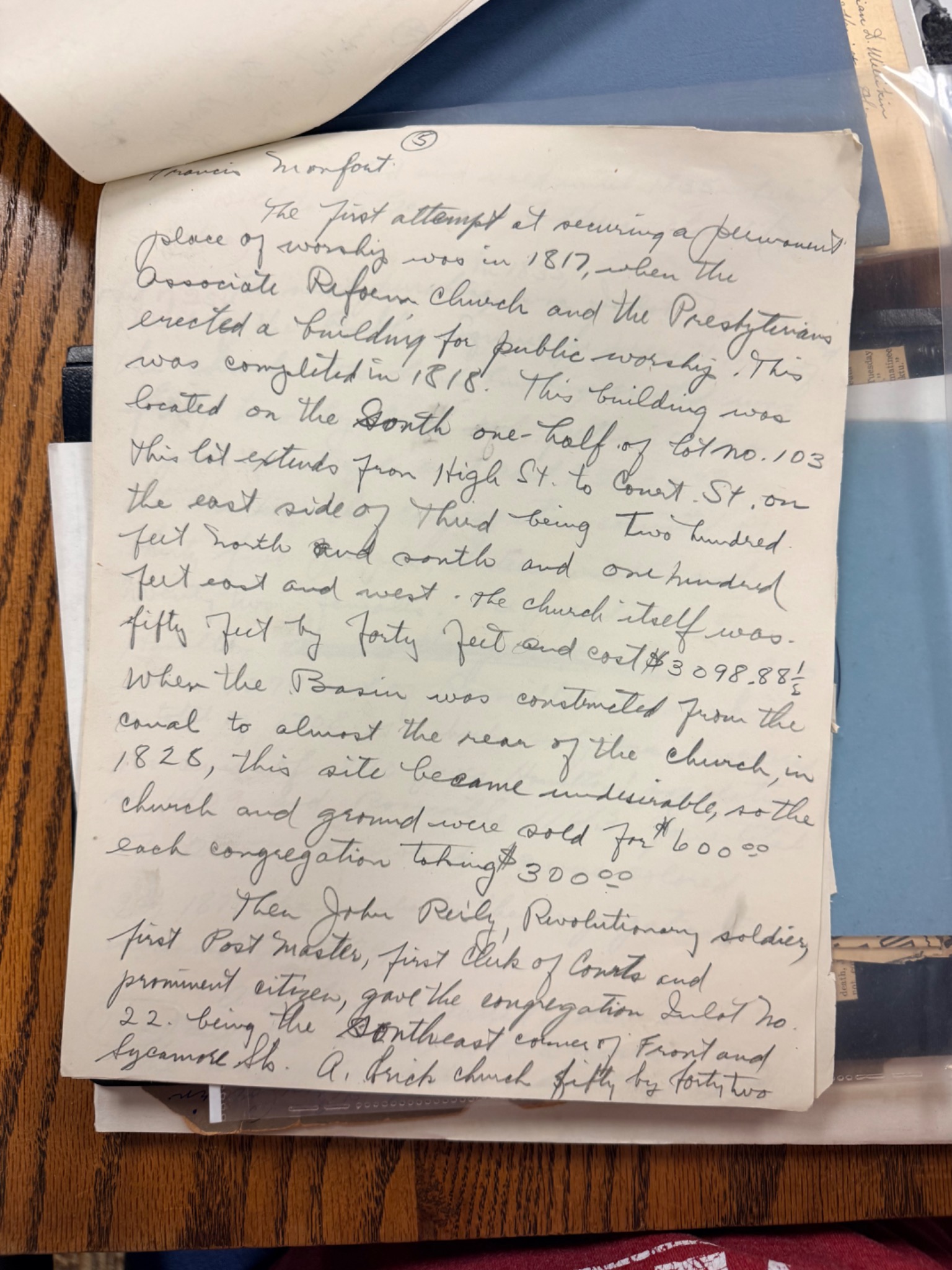 Page of handwritten Presbyterian church history dated 1946