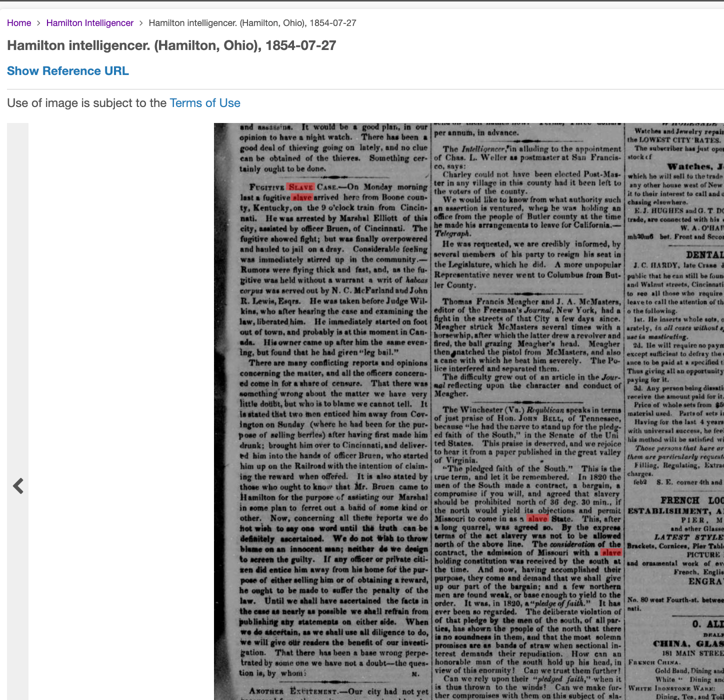 Hamilton Intelligencer July 27 1854 Fugitive Slave Case article