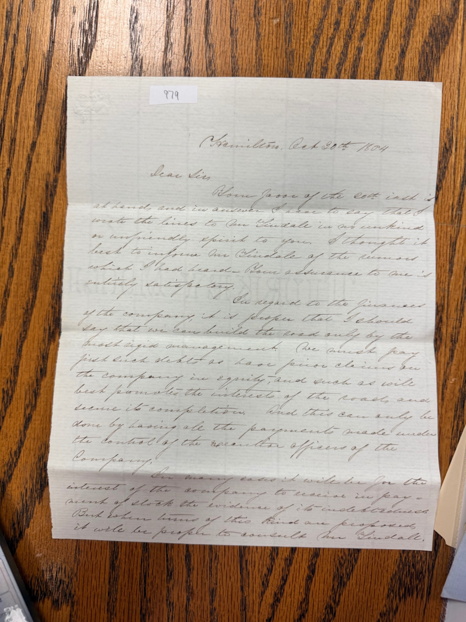 First page of John Woods railroad letter dated October 20 1854