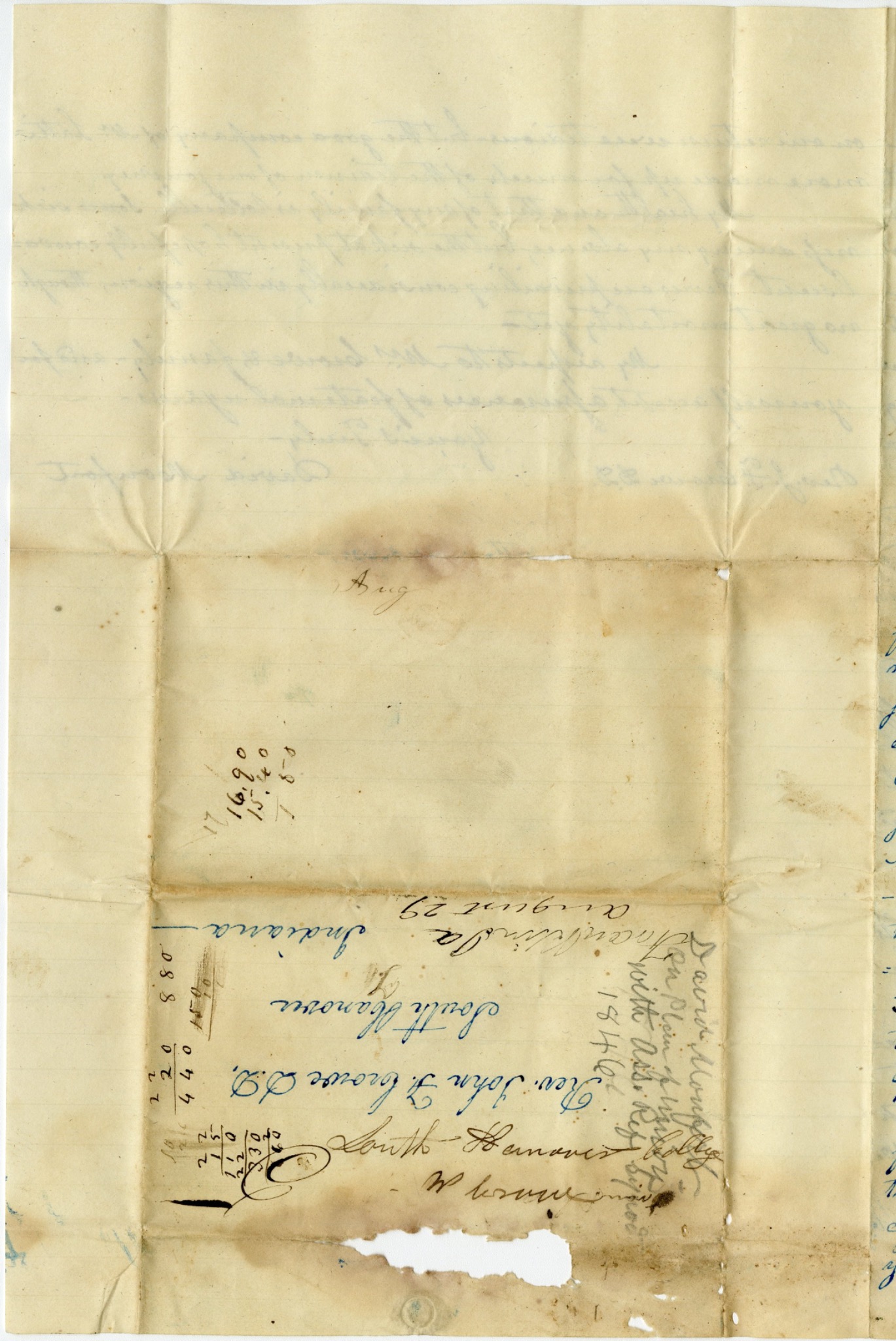 Address side of an 1846 David Monfort letter to Rev. John Finley Crowe