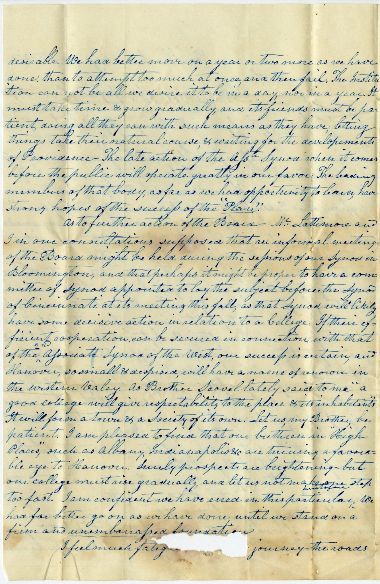 Manuscript page from an 1846 letter by Rev. David Monfort to Rev. John Finley Crowe