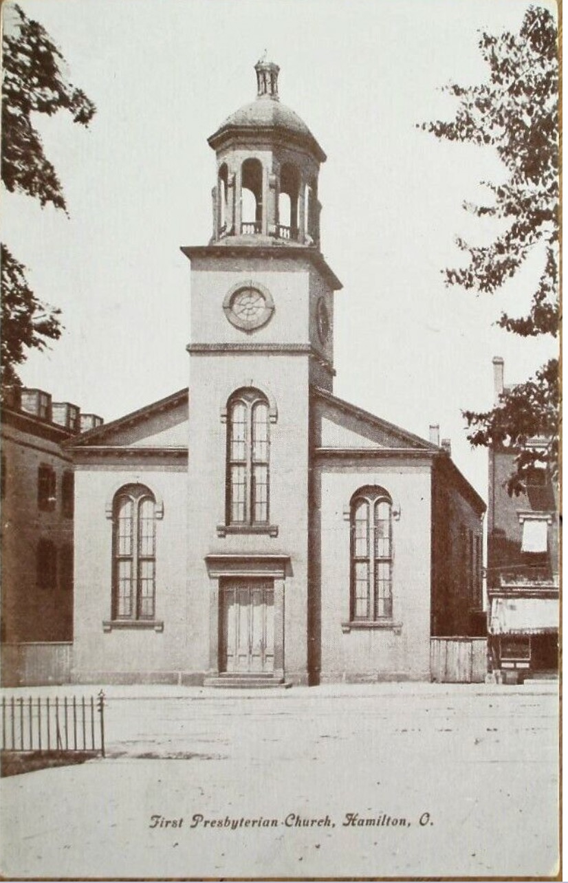 Historic postcard view of First Presbyterian Church in Hamilton