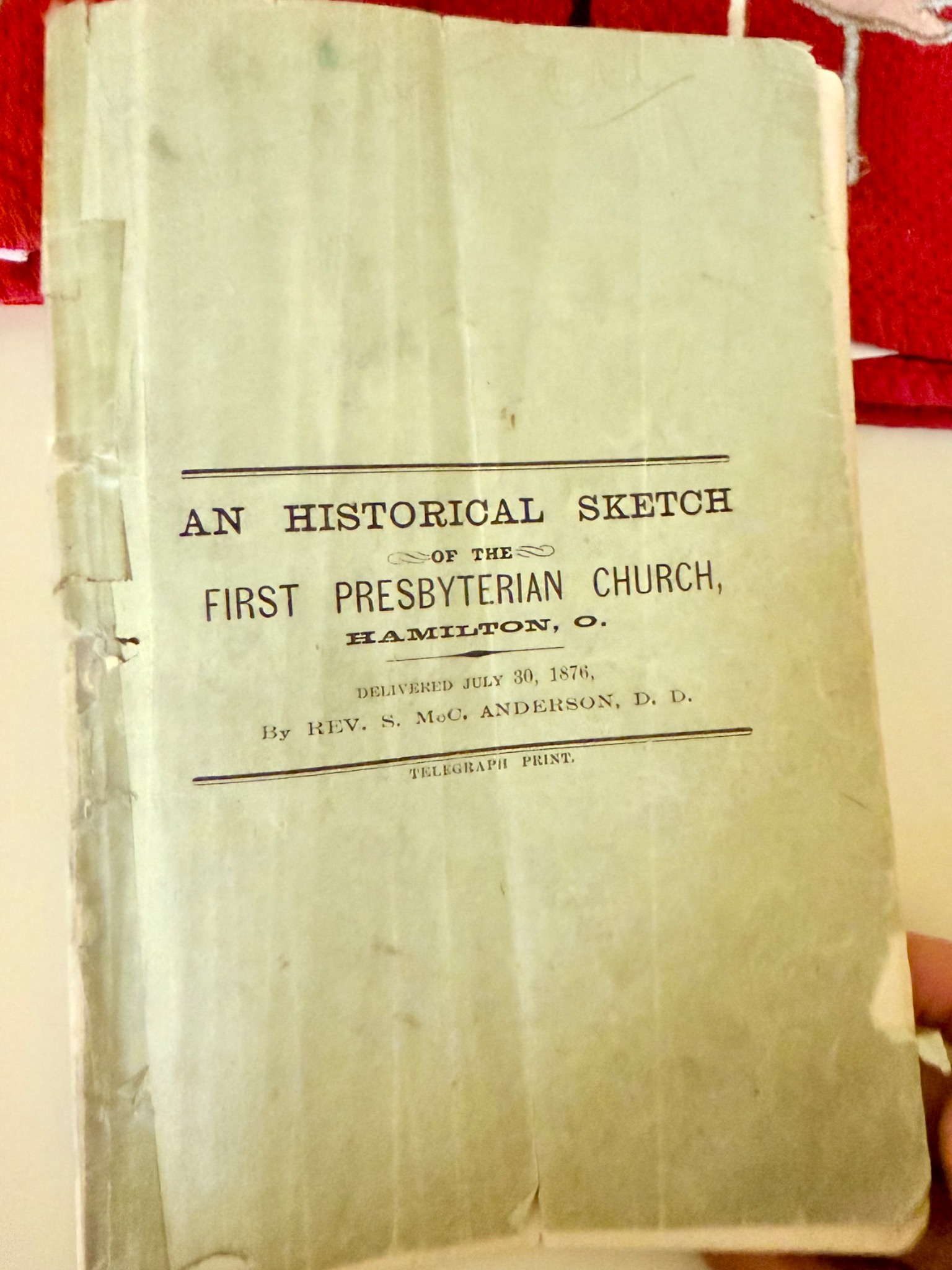 Cover of the 1876 First Presbyterian Church history