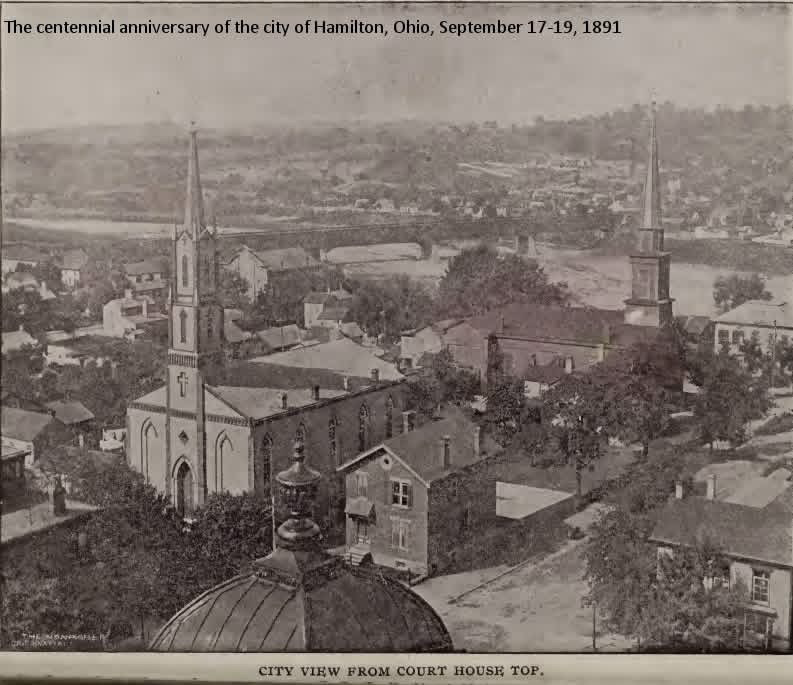 City view from the top of the Butler County Courthouse, published for Hamilton's 1891 centennial