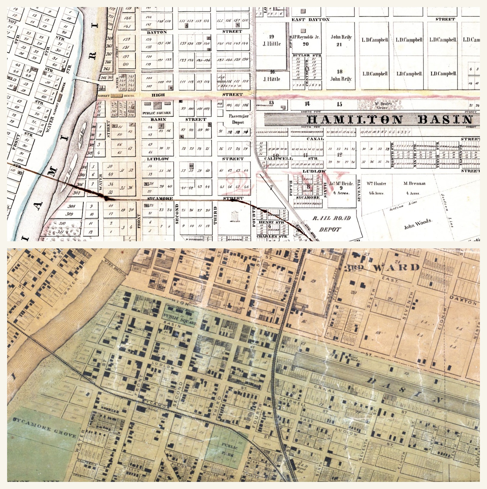 Comparison of 1849 and 1868 period maps of Hamilton showing the railroad west of the Hamilton Basin