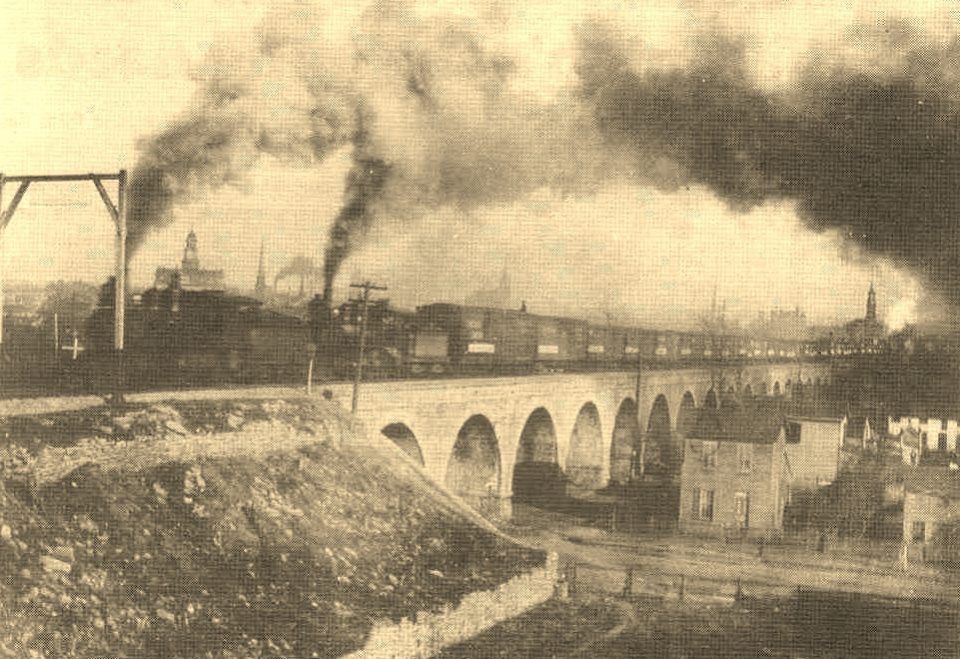 Historic train on Hamilton's west-side railroad masonry arches