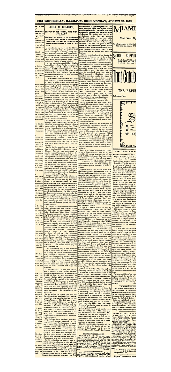 August 29, 1892 Republican article about John C. Elliott