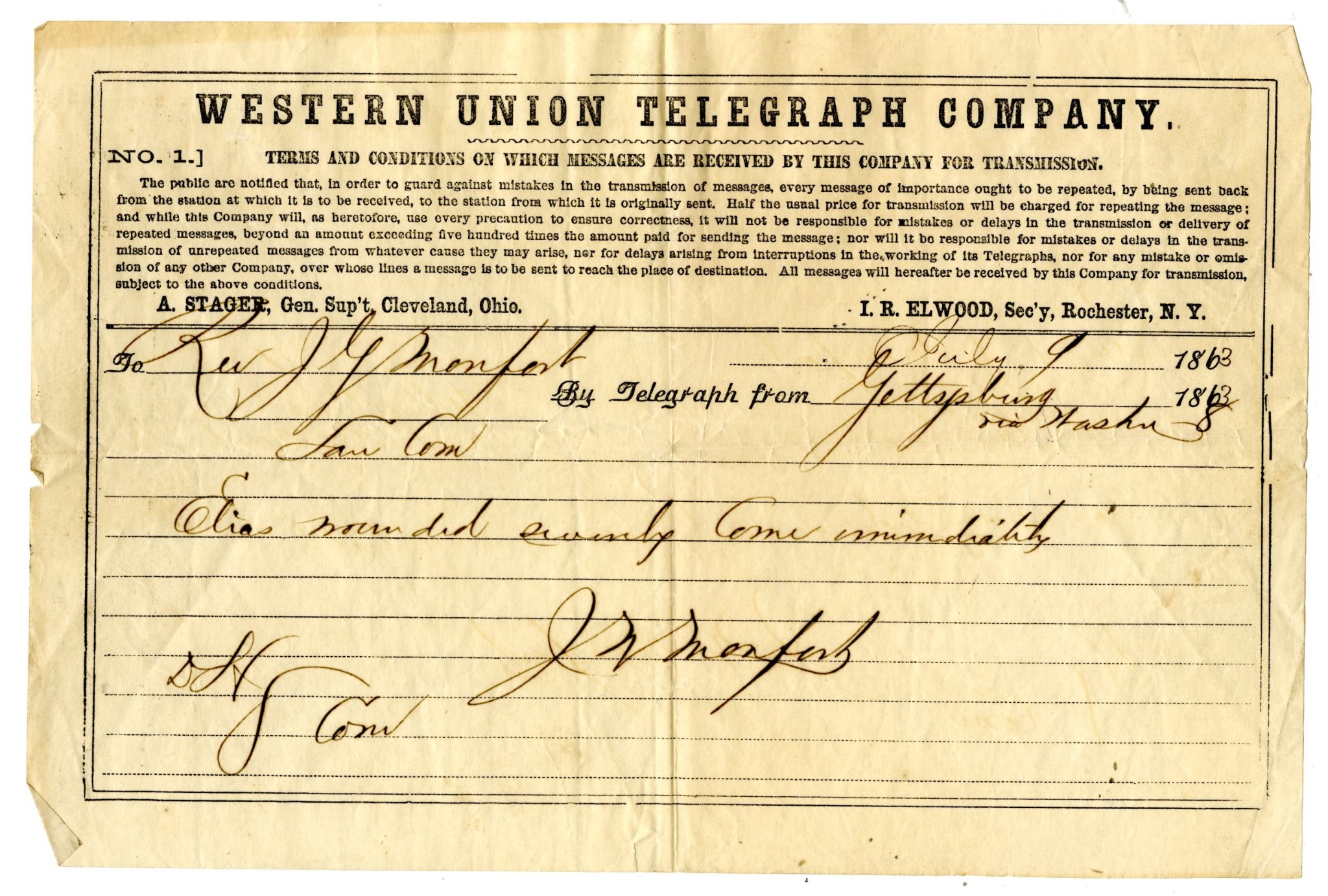 Western Union telegram to Rev. Joseph Glass Monfort reporting that Elias Riggs Monfort had been severely wounded at Gettysburg